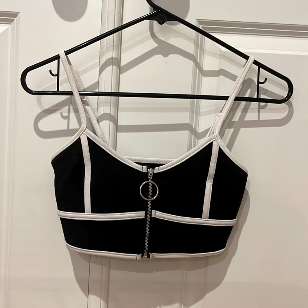 Millau, size S, modern black and white monochrome shelf/zip crop top/bra shirt
